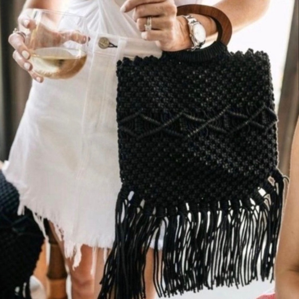 Danielle Nicole Black Fringe Macrame Crossbody Ba… - image 1